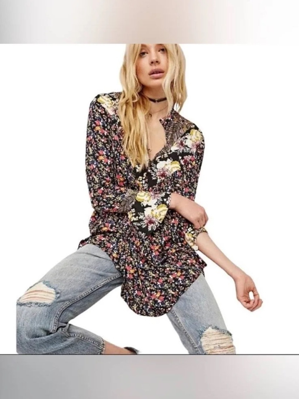 Free People Wildflower Fields Top Tunic Floral Bell Sleeve Boho